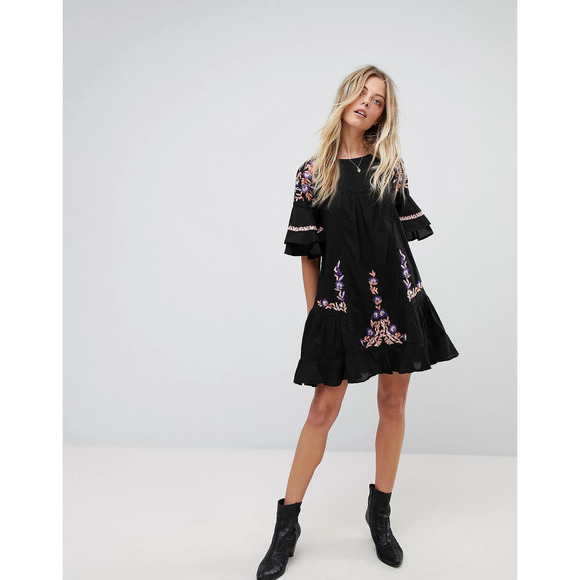 Free People Dress Medium Black Pavlo Emroidered Smock Short Sleeve A-Line Boho - Picture 8 of 13